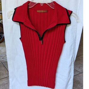Belldini Red Knit Top Rhinestone Zip Sleeveless Sexy sz M